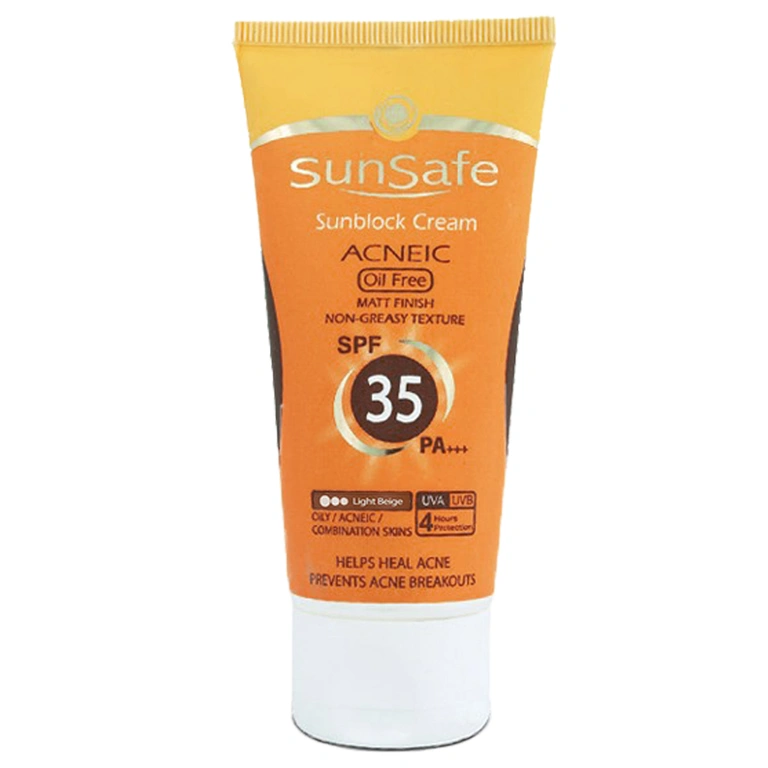 سان سیف 35 کرم ضد آفتاب SPF35 بژ روشن فاقد چربی پوست چرب و آکنه ای سان سیف_Sunsafe Sunsblock Cream SPF35 Acneic Oil Free 50 ml - تصویر 2