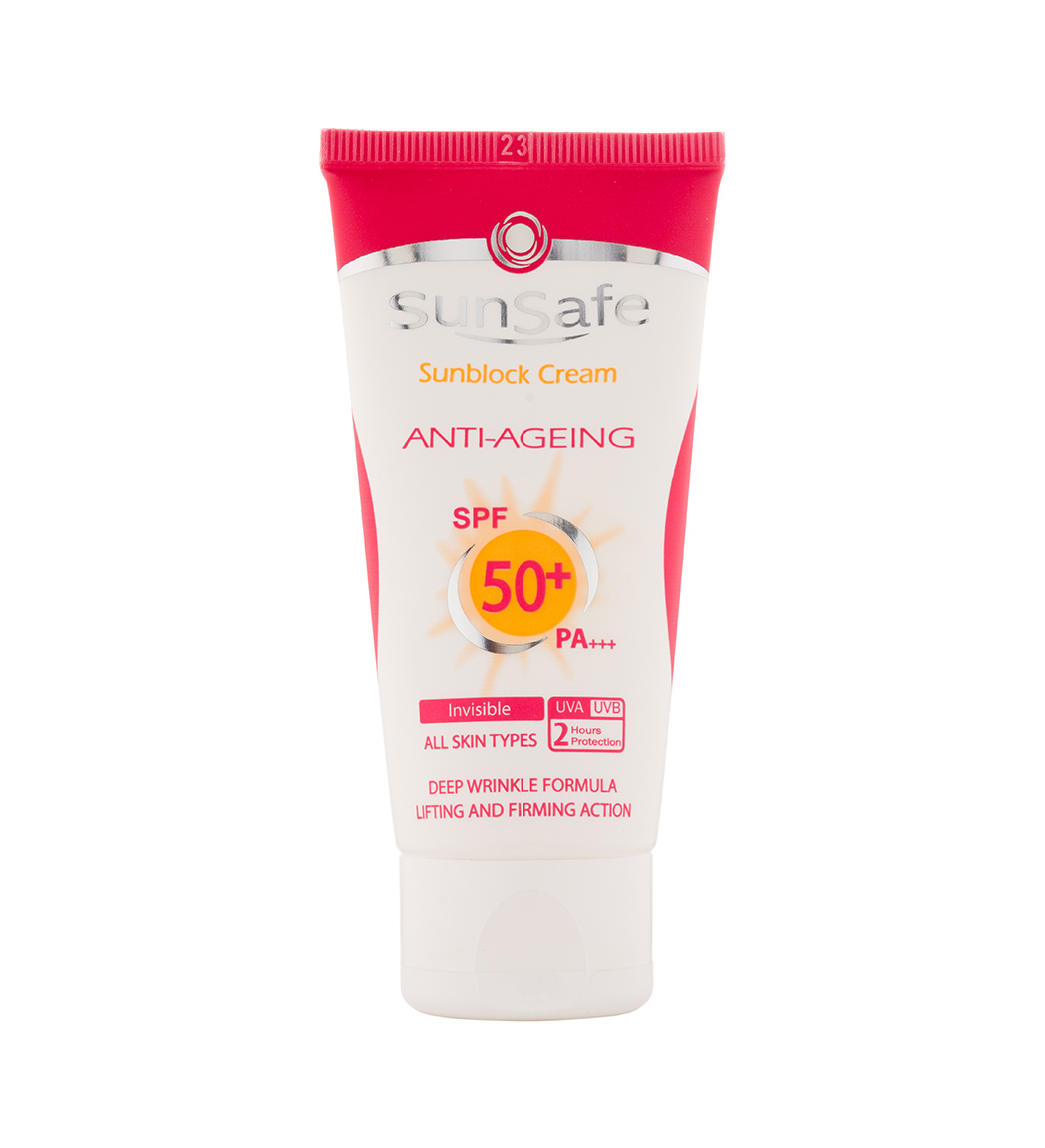 سان سیف کرم ضد آفتاب و ضد چروک SPF50 بی رنگ سان سیف_Sunsafe Anti Agening Sunscreen Cream SPF50 - تصویر 1