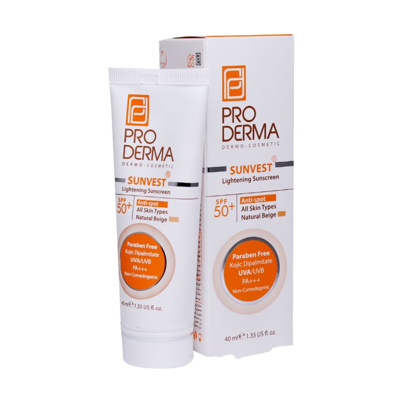 کرم ضد آفتاب و روشن کننده لک های پوست SPF50 بژ طبیعی پرودرما_Pro Derma Sunvest Lightening Sunscreen Cream SPF50 - تصویر 1